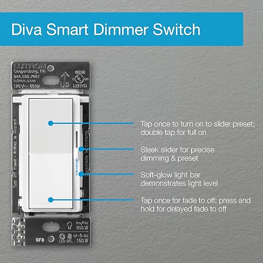 Lutron Diva Smart Dimmer Light Switch for Caseta Lighting (Lutron Smart Hub Required), for LED Lights, 150W, Single-Pole/3-Way, No Neutral, White - 6 Pack