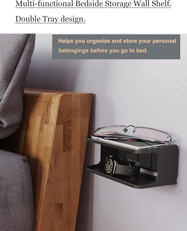Bedside Wall Shelf Organizer, Small Bedside Shelf, | Wall Mount - Image 2