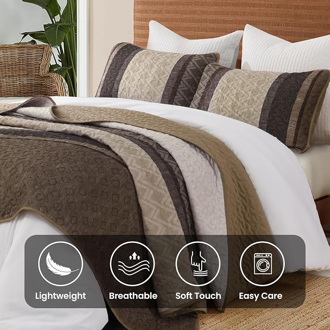 Dinjoy Boho Queen Quilt Set, Striped Bedspread Queen Size, Taupe | 3 Pieces - Image 7