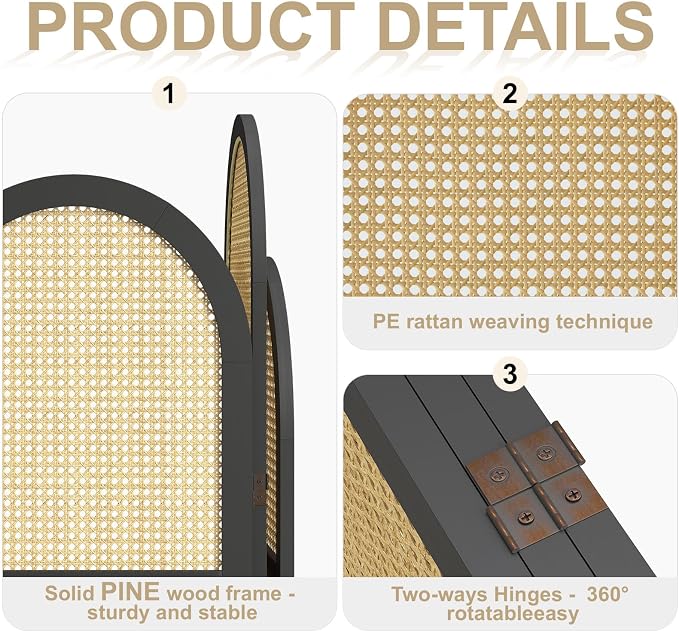 3-Panel Hand-Woven Rattan Room Divider, Tall Foldable Privacy Screen - Image 5
