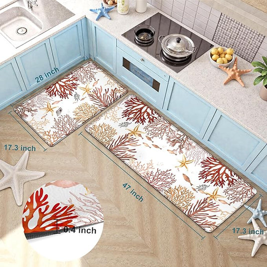 Kitchen Mats for Floor Cushioned Anti Fatigue Sets of 2 Coastal Kitchen Rugs Non Slip Waterproof Nautical Foam Kitchen Floor Rug Beach Theme Coral Fish Comfort Standing Mat for Sink Laundry, Red