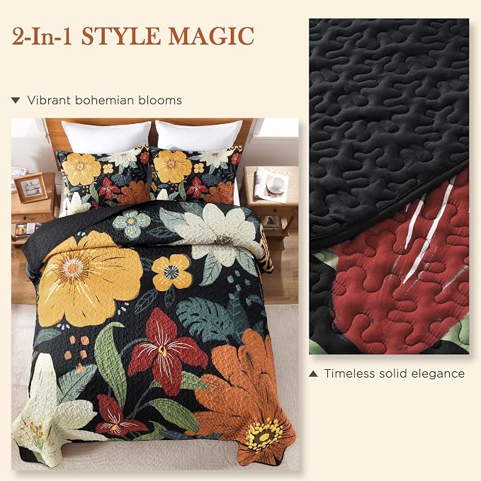 California King Quilt, Cal King Oversized Black Floral Bedspread | 3 Pieces - Image 9