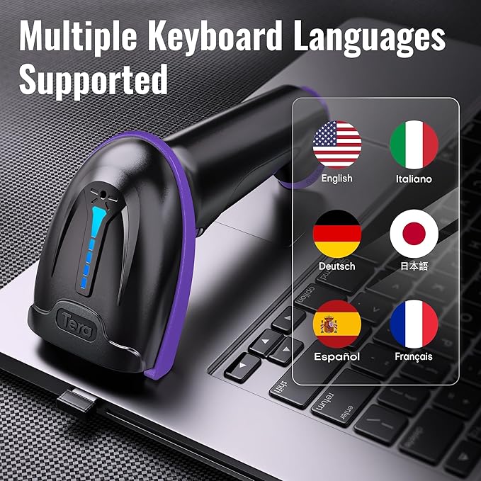 Tera Barcode Scanner Wireless Versatile 2-in-1 (2.4Ghz Wireless+USB 2.0 Wired) with Battery Level Indicator, 328 Feet Transmission Distance Rechargeable 1D Laser Bar Code Reader Handheld 5100 Purple