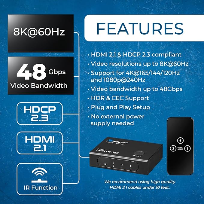 OREI HDMI Switcher with 4K@120Hz 4:4:4 / 8K@60Hz 4:2:0 - HDR10+, VRR, ALLM, QFT, CEC - 48Gbps Bandwidth - HDMI Switch with Remote – Perfect for Gaming with PS5/Xbox/PC