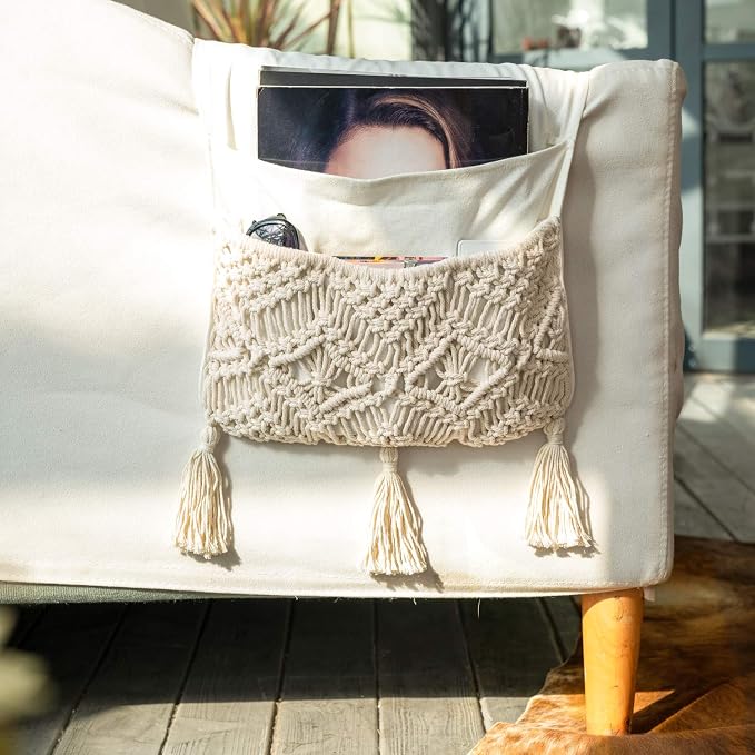 Mkono Macrame Armchair Caddy, Boho Couch Armrest Organizer, 4 Pockets Beige | by Mkono