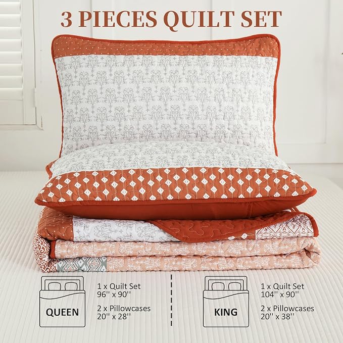 WONGS BEDDING Boho Quilt Set King Size, Stripe Bedspread Sets, Burnt Orange | - Image 8