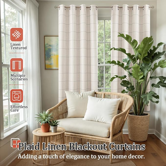 Plaid Blackout Curtains for Bedroom, 52x63 Inch 2 Panels, Light Grey | Boho - Image 2
