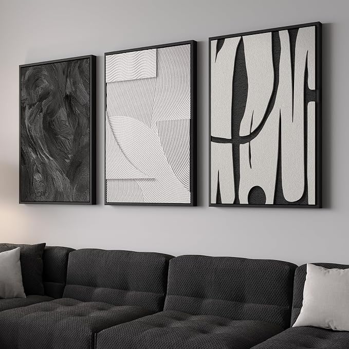 Large 3D Textured Framed Black and White Abstract Wall Art - Image 8