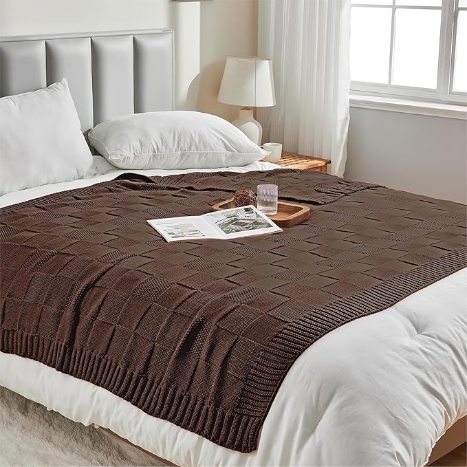 CozeCube Check Knit Throw Blanket, Dark Brown Checkered Throw for Couch, Decorative Christmas Soft Cozy Warm Knitted Blanket for Bed Sofa Living Room, 60"X80"