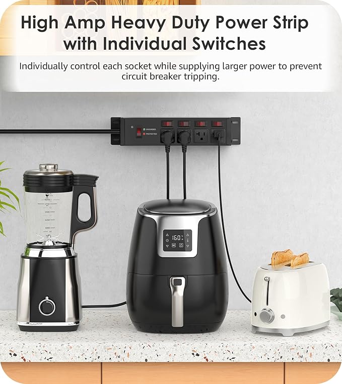 CCCEI Heavy Duty Surge Protector Power Strip 20 Amp Individual Switches. 4FT 12 Gauge Extension Cord with Multiple Outlets. Kitchen, Garage, Shop, Industrial Wall Mount Electric Extender, Black.
