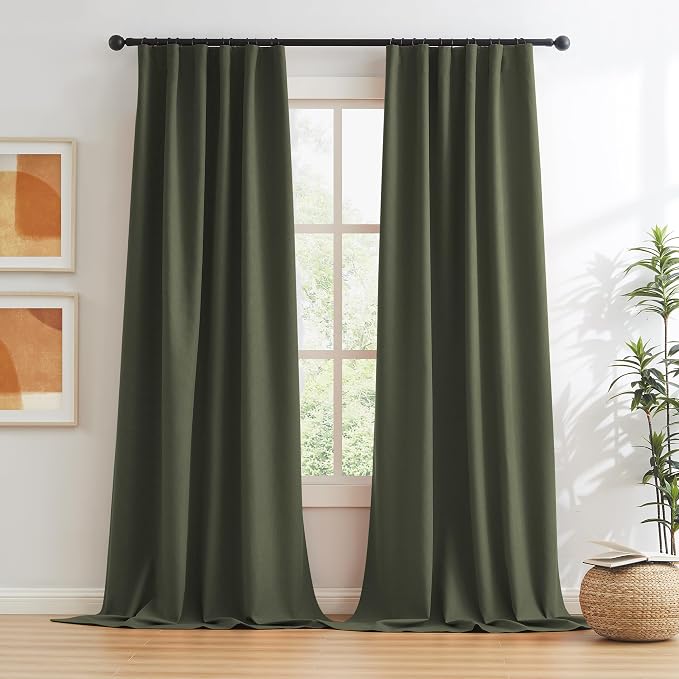 Dark Olive Green Blackout Curtains 84 Inches Long 2 Panels Set- Faux Linen - Image 2