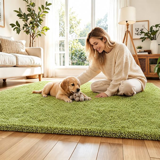 Fluffy Rug Shag Area Rug, Grass Green 3x5 Area Rugs - Image 2