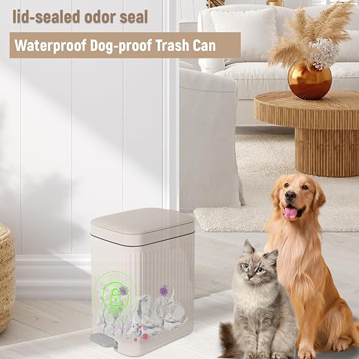 Small Bathroom Trash Can with Lid, 2.6 Gallon Slim Soft Close Step, Cream | - Image 6