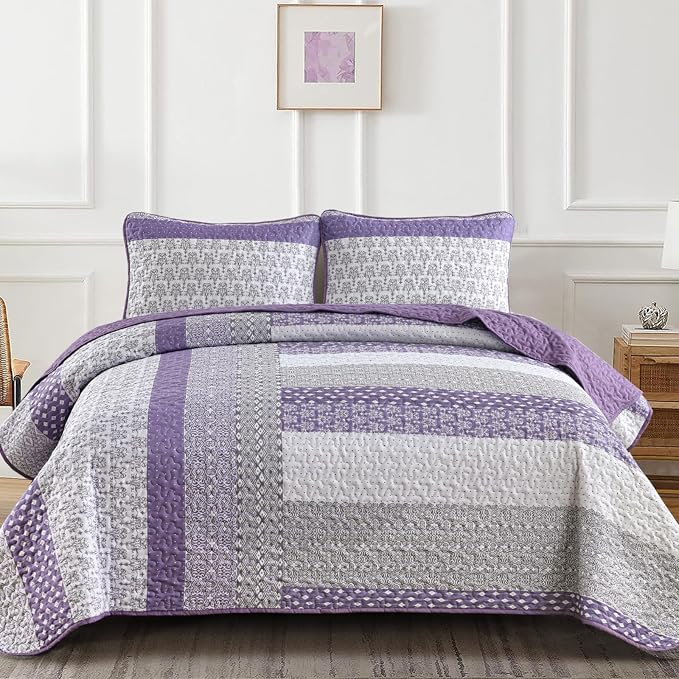 WONGS BEDDING Purple King Quilt Bedding Set, Bohemian Stripe Bedspread | - Image 8