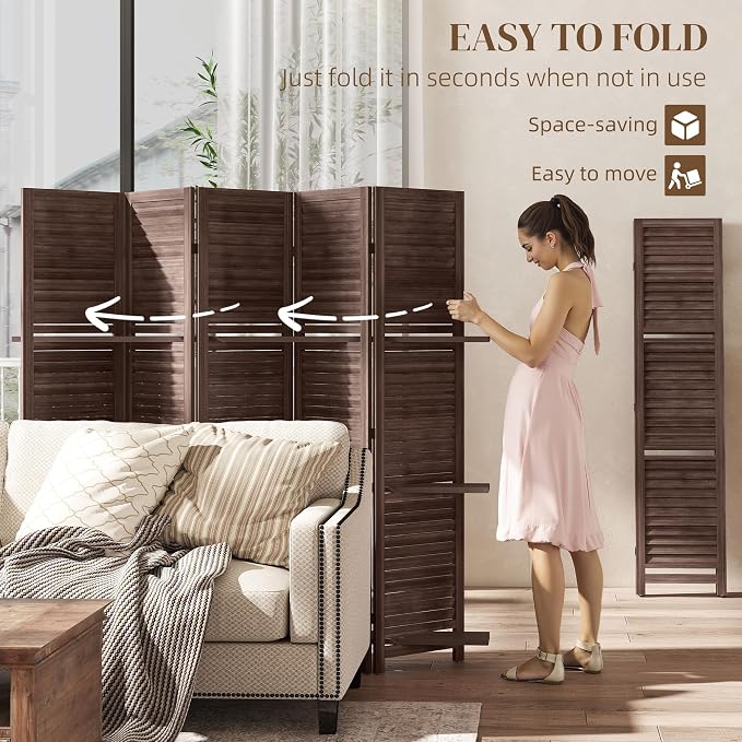 HOMCOM Room Divider 5 Panel 67" Tall Wood Privacy Screen Walnut | 3 Display - Image 4