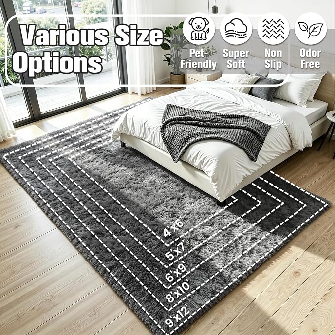 4x6 Fluffy Area Rug for Living Room: Soft Non-Slip Grey Shag Bedroom Carpet | - Image 8