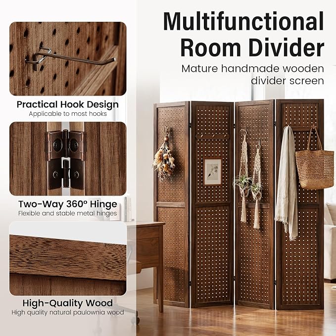 4 Panel Pegboard Room Divider, Folding Privacy Screen, Freestanding Wooden - Image 4