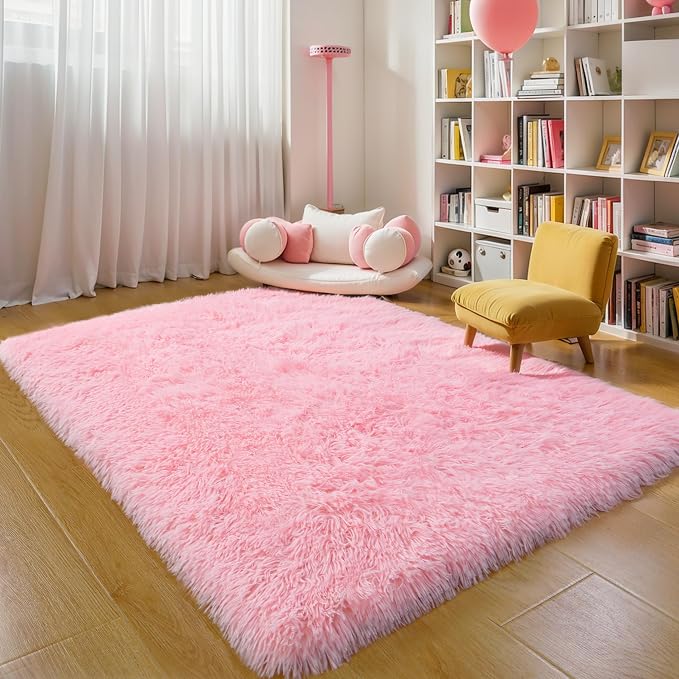 5x7 Thick Pink Shag Rug for Girls Bedroom, Soft Plush Fluffy Carpet | Area Rug by KICHOWUA