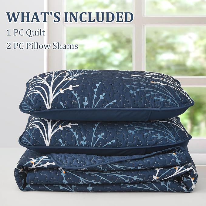 DJY Navy Quilt Set Queen Size Branch Botanical Bedspread Coverlet Set | 3 - Image 7