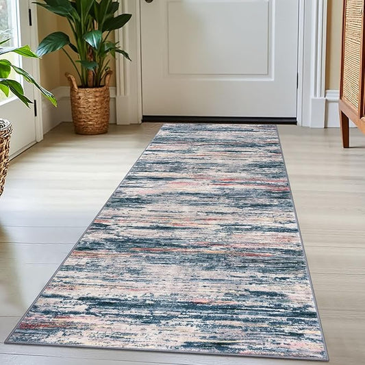 2x5 Modern Abstract Runner Rug for Hallway, Teal Blue Peach Gray Multi Super Soft Hallways Decor Kitchen Rugs with Non-Slip, Non-Shedding Washable Rug for Entryway Bedroom Laundry Indoor