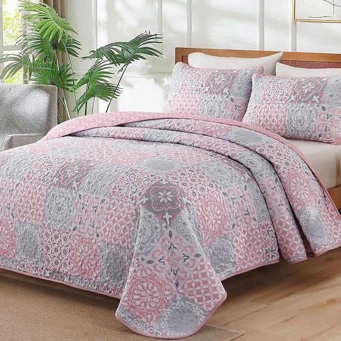 Pink Grey Quilt Set King Size, Boho Plaid Patchwork Bedspread Coverlet Set | by Dobuyly