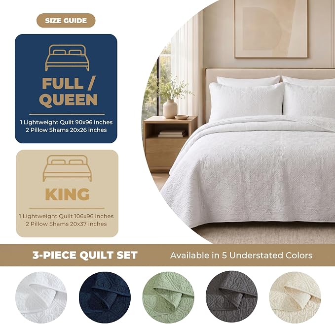 HLC.ME Lorenzo - 3 Piece Bedspread King Size Beige Quilt Bedding Set, - Image 5