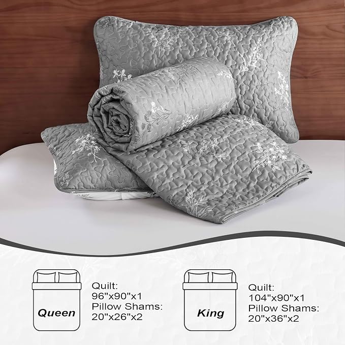 DJY Queen Size Grey Botanical Quilt Set, Floral Bedspread Coverlet | - Image 8
