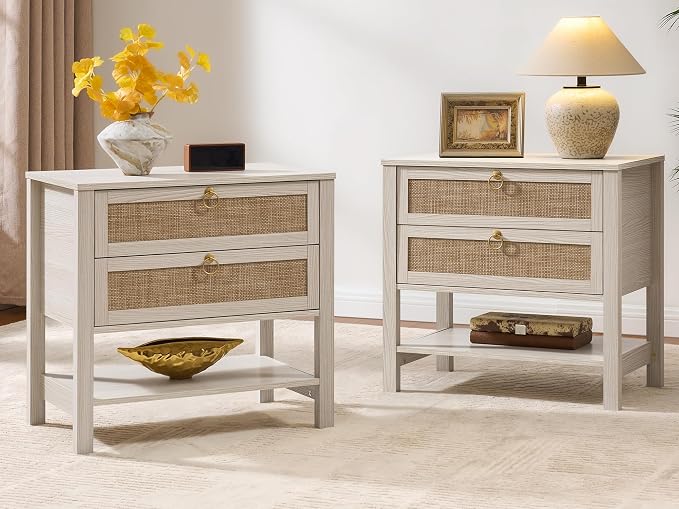 SICOTAS White Rattan Nightstand Set of 2, Wide Bedside Table by SICOTAS