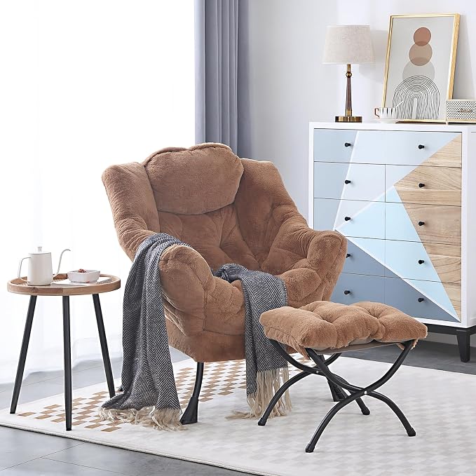 Lazy Chair with Ottoman, Comfy Accent Reading Chair, Plush Brown | Foldable - Image 2