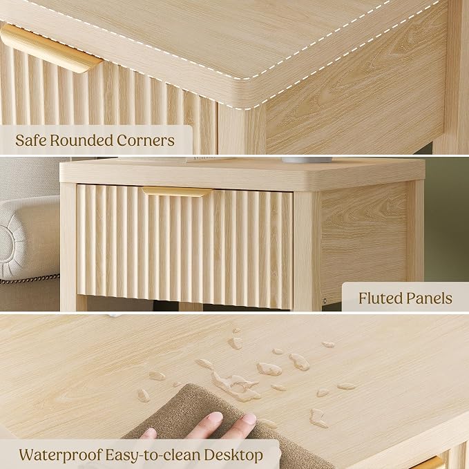 Night Stand Set 1, Fluted Wood Bedside Table w/Socket Station - Image 7