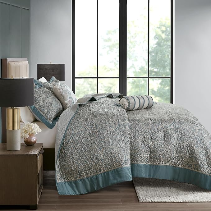 Madison Park Reversible Jacquard Quilted King Bedspread Set Teal, All-Season - Image 3