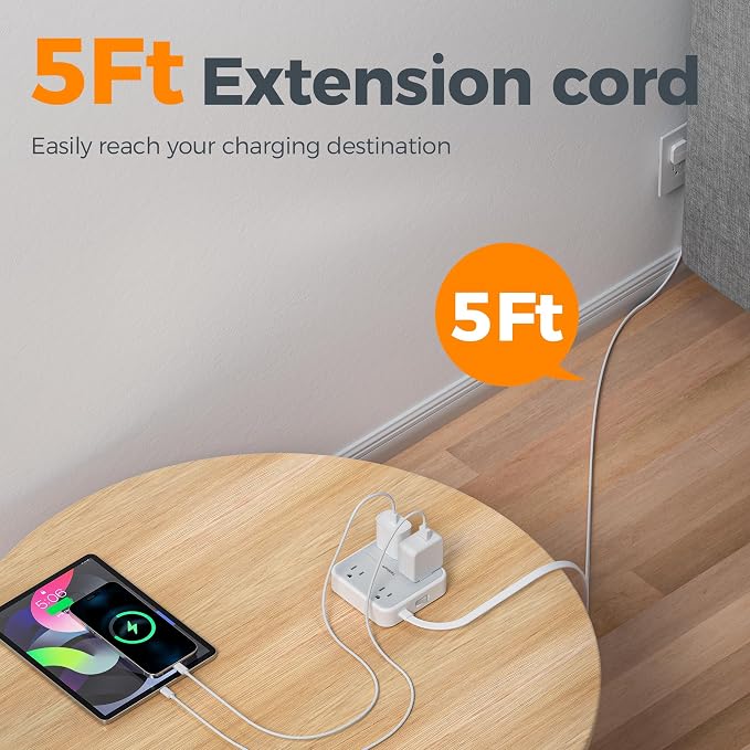 TESSAN Surge Protector Flat Extension Cord 5Ft, Flat Plug Power Strip | 4 - Image 5