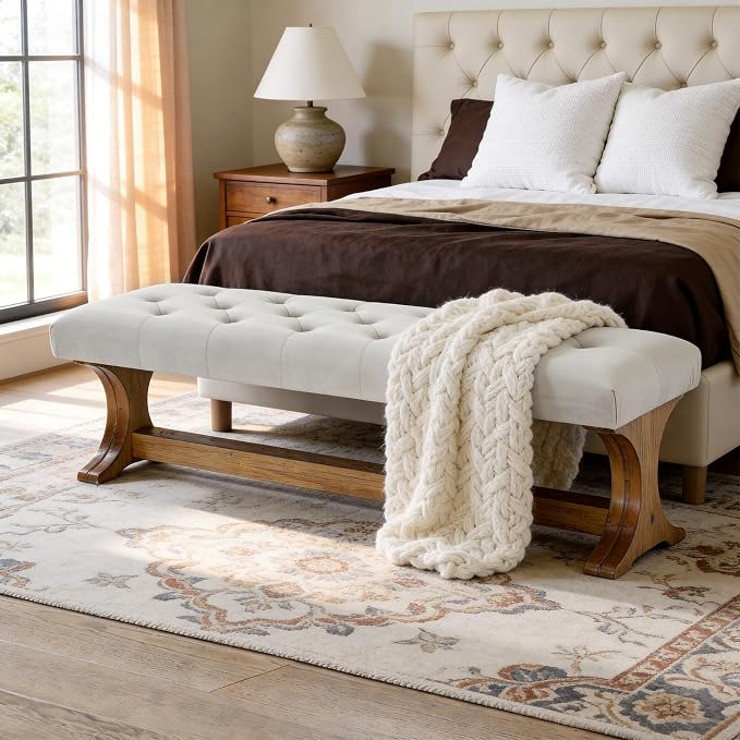 LITTLE TREE 55" Upholstered End of Bed Bench, Solid Wood Tufted Entryway Bench by LITTLETREE