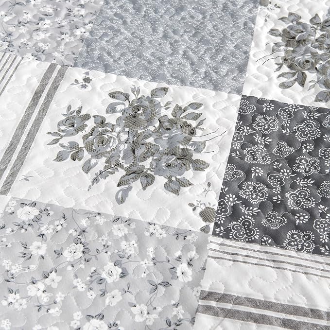 Cmfshape Summer Floral Queen Bedspread, Romantic Grey Quilt Set Full, - Image 7