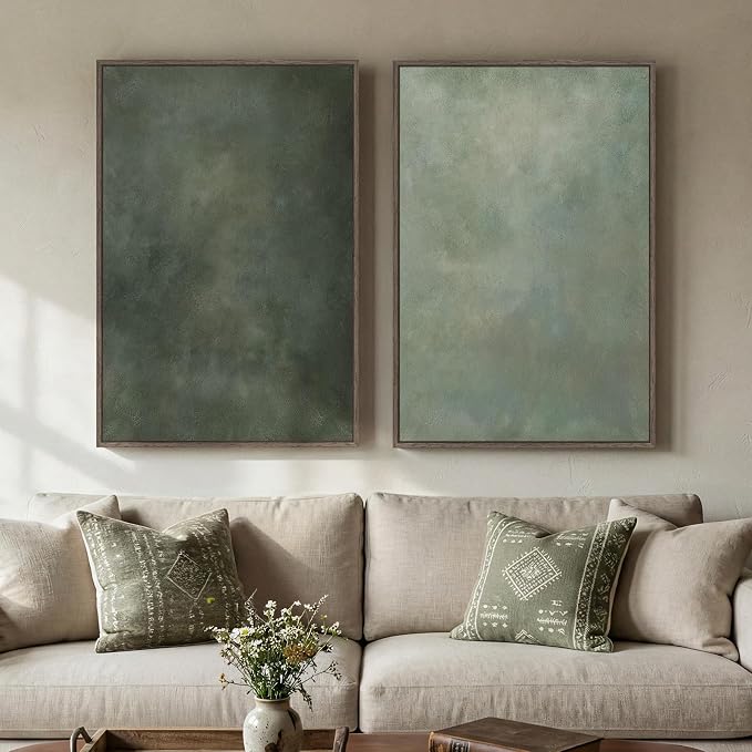 Large Framed Green Abstract Wall Art Set of 2, Modern Sage Green Canvas Prints by Cuspin