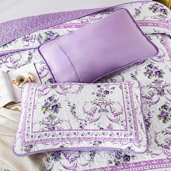 Anibedding Purple Queen Quilt Set, 3 Pieces Floral Pattern Quilts Bedspread | - Image 7