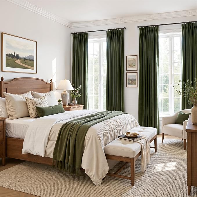 Moss Green Soft Velvet Pinch Pleat Blackout Curtains 102 Inches Long Soundproof - Image 9