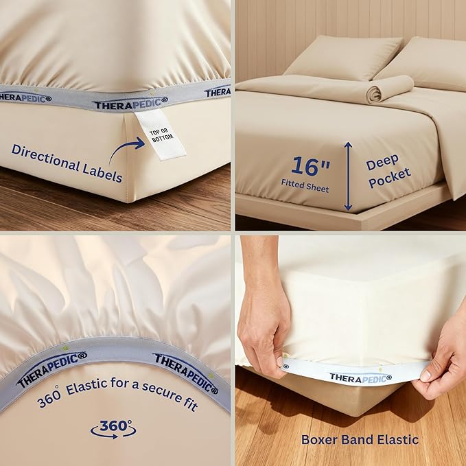 Therapedic 1000TC Queen 6-Piece Sheet Set - 100% Organic Rayon Derived from Bamboo Blend with Cooling Fiber, Ideal for Hot Sleepers - 16" Deep Pocket Fitted Sheet, Bonus Pillowcases - Light Grey