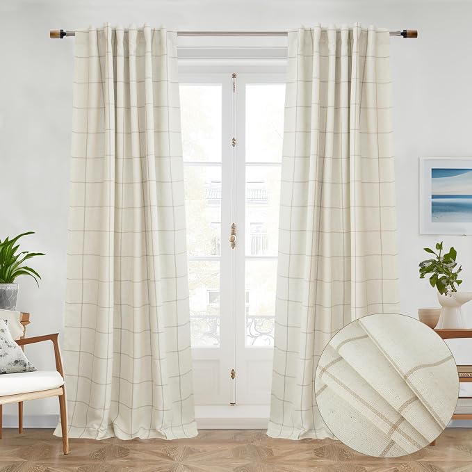DriftAway 100% Blackout Plaid Linen Curtains 90 Inches Long 2 Panels Taupe | by DriftAway