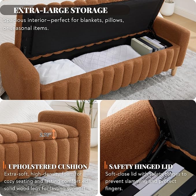 63.4" Teddy Fabric Ribbed King Size End of Bed Bench. | Entryway Ottoman Ribbed - Image 3