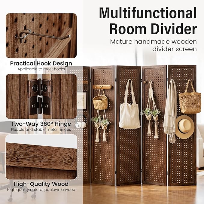 6 Panel Pegboard Room Divider, Folding Privacy Screen, Freestanding Wooden - Image 4