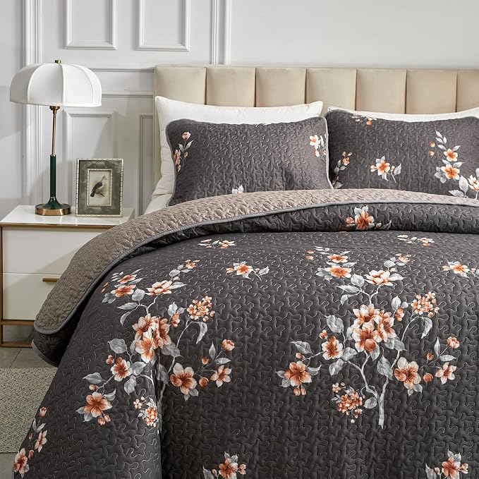 Flysheep 2 Pieces Quilt Set Twin Size, Dark Gray Floral Reversible Bedspread - Image 3