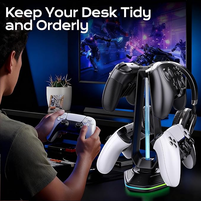 Oritikur RGB Headset Stand with 9 Light Modes and 2 USB Charging Ports - Controller Holder for Desk - Headphone Stand & Detachable Controller Hook for PC Earphone Gaming Room Setup Accessories