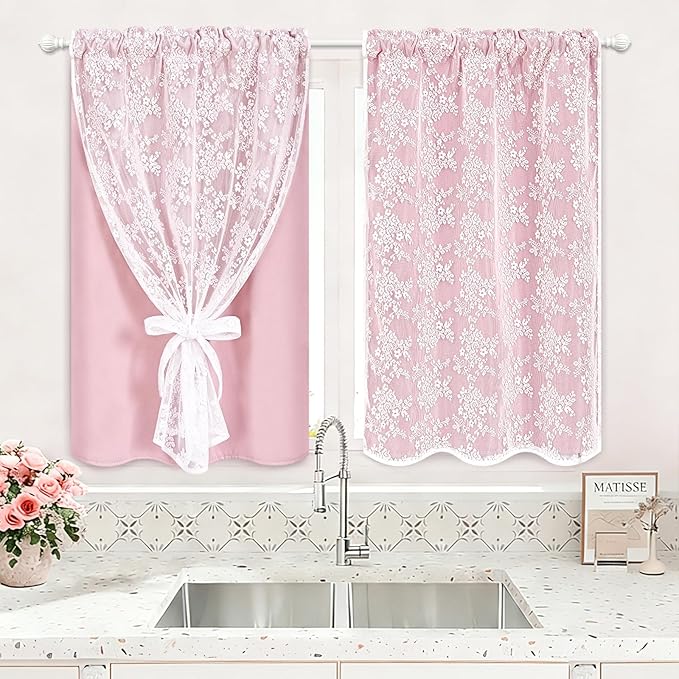 Yinhua Pink Kitchen Curtains 36 Inch Length Double Layer Blackout Cafe Curtains by yinhua