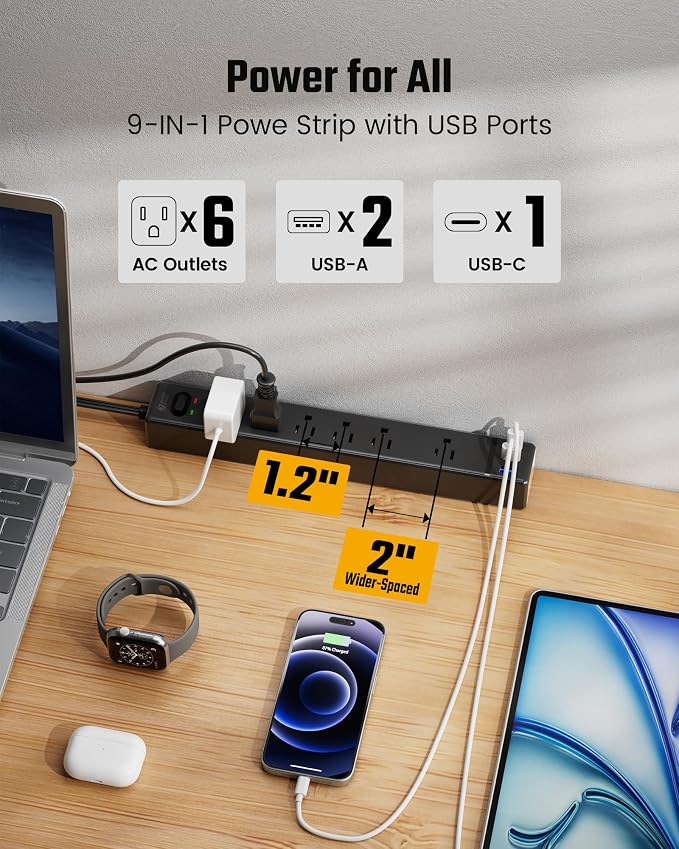 SUPERDANNY 6Ft Thin Extension Cord, Flat Plug Surge Protector Power Strip | - Image 4