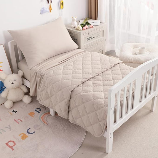 4-Piece Toddler Bedding Set for Girls and Boys – Soft and Breathable Crib Bedding with Quilted Comforter, Fitted Sheet, Flat Top Sheet and Envelope Pillowcase, Light Taupe
