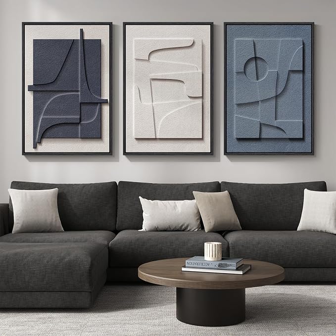 Large 3D Textured Framed Blue and White Abstract Wall Art - Image 2