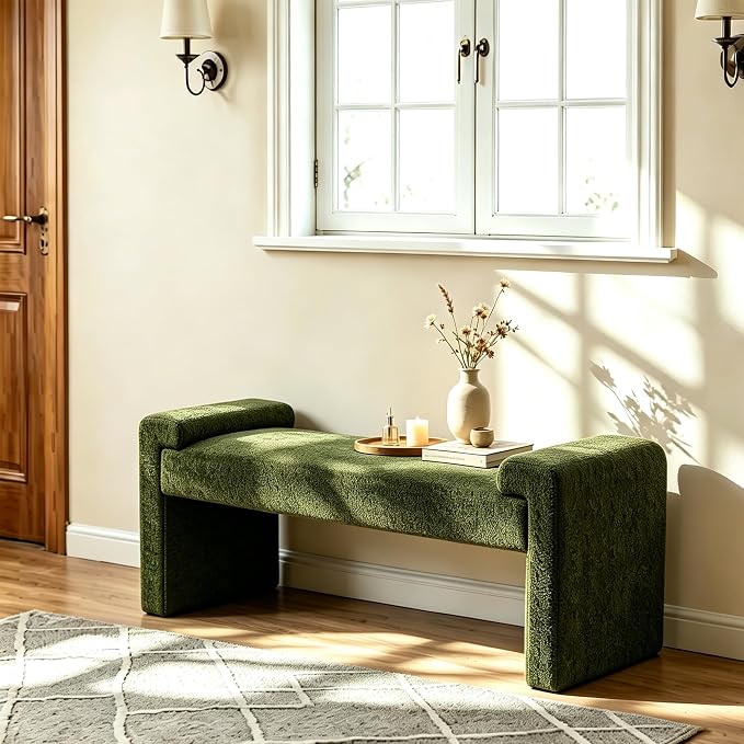 Upholstered Entryway Bench, Curved Armrests, Solid Wood Frame, End of Bed - Image 6