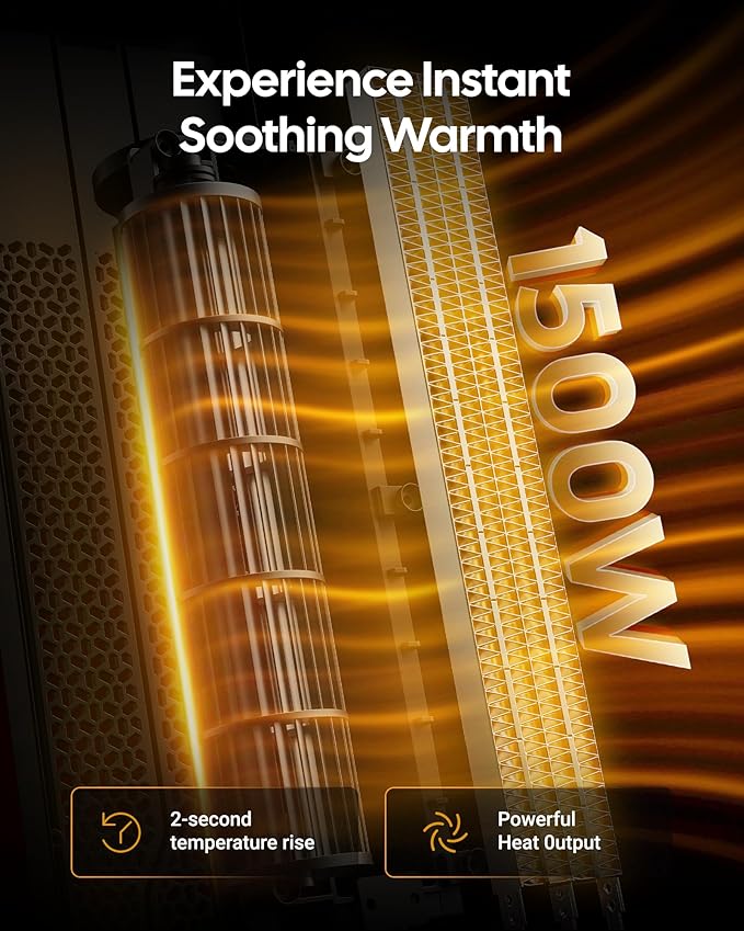 ComDomus Electric Heaters for Indoor Use, 32” Space Heater Large Room with Remote, 120° Oscillation, 5 Heat Levels, 3 Modes, Multiple Safety Protections, 1500W Ceramic Tower Heater for Bedroom, Silver