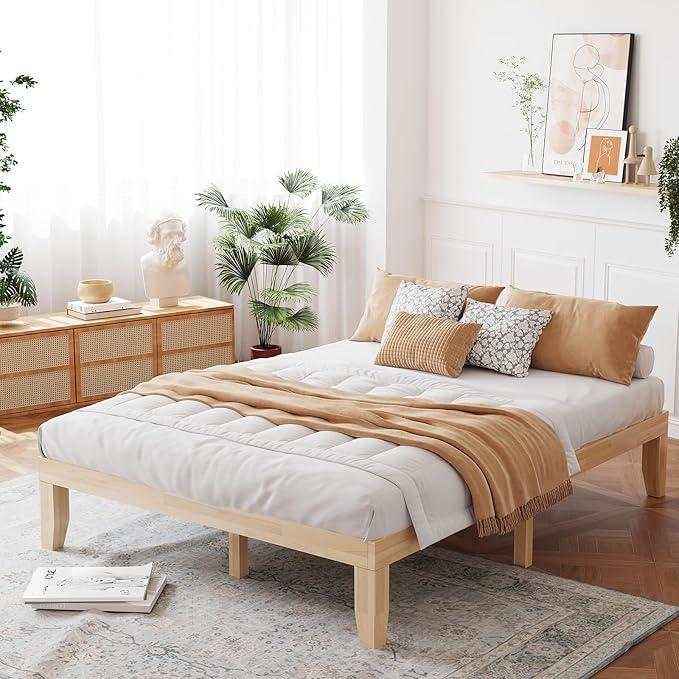 Giantex 14 Inch Queen Wood Platform Bed Frame, Minimalist Mattress Foundation with Solid Rubber Wood, Heavy Duty Slat Support, Without Headboard, Easy Assembly, No Box Spring Needed, Natural